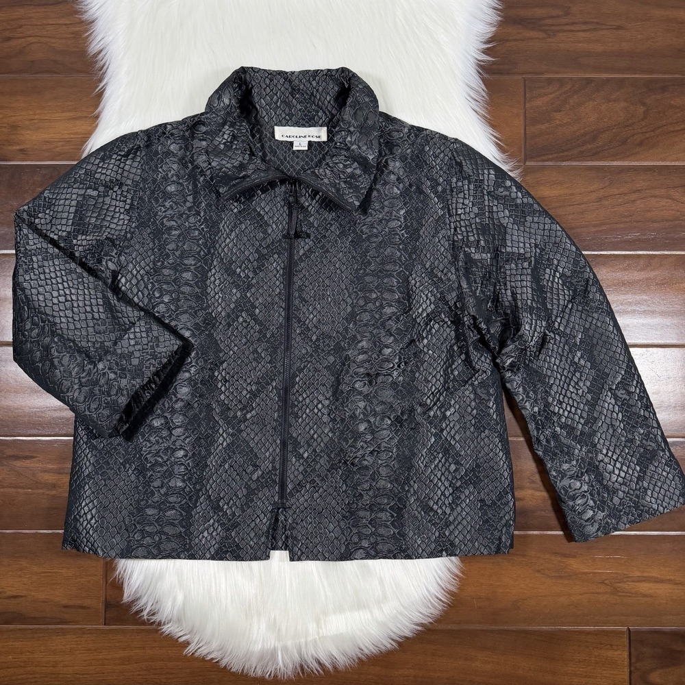 Caroline Rose Women's Size Large Gray Black Snake Print Zipper Jacket Blazer